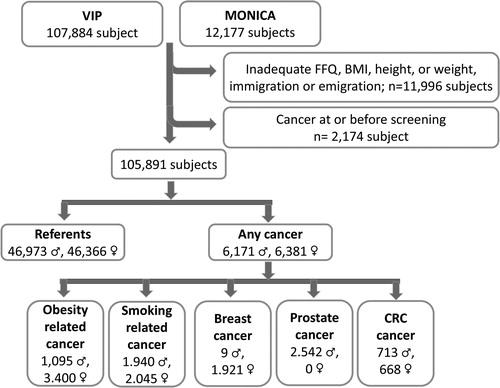 Figure 1. Flowchart from inclusion of the VIP and MONICA subjects to final cancer case groups.