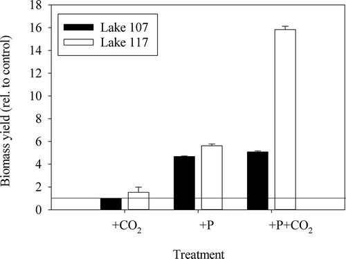 Fig. 3. Relative increase in biomass to the control (untreated water from each lake) in enrichment experiments with water from Lake 107 and Lake 117 after an 8 day incubation. The straight line at 1 illustrates no response in relation to control. The biomass in untreated water increased by a factor of 2.6 and 2.7 in Lake 107 and Lake 117, respectively. Mean ± SD of triplicates (ANOVA, F2,23 = 91.2, P < 0.001).