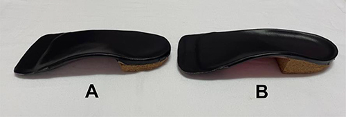 Figure 1 Inverted foot orthoses. (A) 15° inverted angle orthoses, (B) 25° inverted angle orthoses.