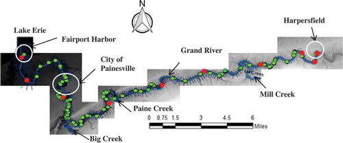Figure 3. LiDAR DEM with cross-section configurations of the Grand River. Red dots show where cross-sections from different elevation datasets are compared (as shown in Fig. 7); green dots show surveyed sections along the Grand River.