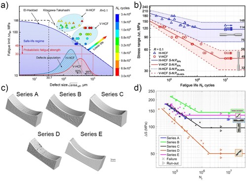 Figure 4. (a) Probabilistic Kitagawa-Takahashi diagram of the material described by the El-Haddad formulation considering the expected defect distribution (b) S-N curve for vertical and horizontal specimens [Citation19]; (c) Surface textures of different series obtained by CT scans over the notch region, and (d) Fatigue test data [Citation77].