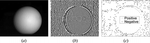 Figure 7 Experimental measured data obtained by FTP technique: (a) deformed grating image, (b) wrapped phase image, and (c) map of distribution of SPs.