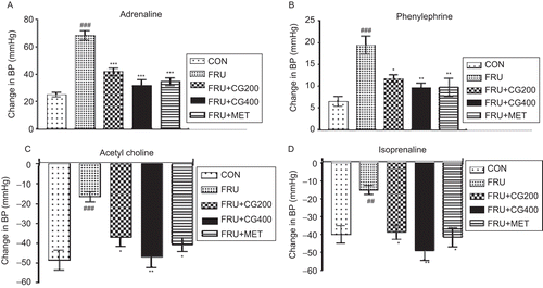 Figure 4.  Effect of C. glandulosum Coleb. and metformin on vascular reactivity. #p <0.05, ##p <0.01, ###p <0.001; NS, not significant when control (CON) versus FRU. *p <0.05, **p <0.01, ***p <0.001; ns, not significant when FRU versus FRU+CG200, FRU+CG400 and FRU+MET.