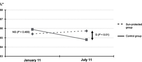 Figure 1 Changes in lightness (L*) from winter to summer in both groups, sun-protected group vs control group.