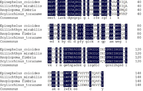 Figure 4. Amino acid sequence alignment of species of nucleoside diphosphate kinase B. Species names and their corresponding GenBank accession numbers are as follows: Epinephelus coioides, ADG29125.1; Gillichthys mirabilis, AAG13336.1; Anoplopoma fimbria, ACQ58455.1; Scyliorhinus torazame, AAD08900.1; shaded amino acids marked are conserved in the four types of NDPK B.