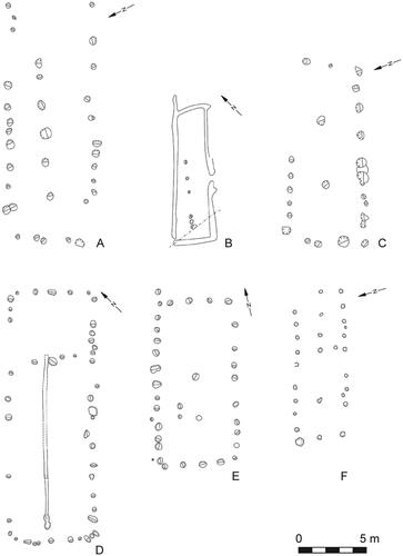 fig 14 Excavated examples of early and high-medieval barns. (A) Higham Ferrers 2664; (B) Higham Ferrers 2666; (C) Higham Ferrers 2665; (D) Higham Ferrers 7023; (E) Yarnton 3348; (F) Bishopstone Structure A. From Gardiner Citation2013b, fig 2.5.