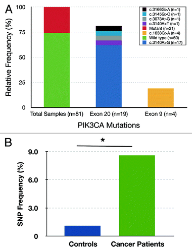 Figure 1. (A) PIK3CA mutation status in invasive epithelial tumors of Saudi Breast Cancer patients. The x-axis indicates relative frequency and y-axis shows mutation and change in amino acid. The total 21 missense mutations out of 81 total primary tumor samples (25.9%), 17 in exon 20 (81.0%), and 4 in exon 9 (19.0%). (B) The frequency of C3075T SNP (rs17849079) in disease-free control samples and in breast cancer patient population in Saudi Arabia. The frequency of SNP in breast cancer patients (7/81 or 8.6%) is significantly higher than those with disease-free controls (2/189 or 1.1%). *P value = 0.0032.