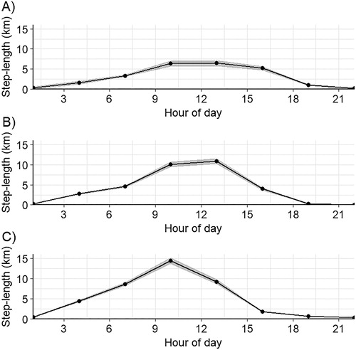 Figure 2. Average 3-hour step-lengths throughout the diel period for the Egyptian Vultures tracked during this study: (A) Horn of Africa vulture EV1, (B) Oman vulture EV2, and (C) Oman vulture EV3. See Table 1 for details regarding the individual vulture.