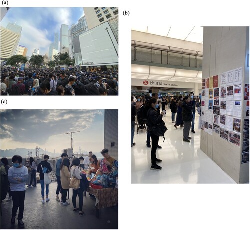 Figure 5. Selected photos of protest events. (a) A large rally held on 19 January 2020 at Chater Garden (Photo by author, January 2020). (b) Passersby examine a protest event wall at Sha-Tin New Town Plaza (Photo by author, January 2020). (c) Pop-up Chinese New Year market held at an industrial building in Kwun Tong (Photo by author, January 2020).