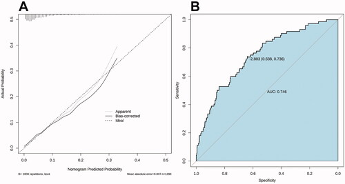 Figure 3. Calibration curves and receiver operator characteristic curves of the nomogram prediction in the training set. (A) The x-axis represents the predicted IVIG-resistance risk. The y-axis represents the actual diagnosed IVIG resistance. The diagonal dotted line represents a perfect prediction by an ideal model. The solid line represents the performance of the nomogram, with closer fit to the diagonal dotted line representing a better prediction. (B) Receiver operator characteristic curves for IVIG-resistance prediction model.