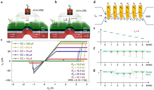 Figure 12. Schematic diagram of SHNO with a memristive gate fabricated on the top of the nano-constrictions. Operating in (a) HRS and (b) LRS. (c) MLC switching of the memristive gate. (d) SHNO chain consisting of seven nano-constrictions connected by six bridges. (e) AO frequency versus nano-constriction number when no additional current is provided by the gates. (f) AO frequency of the same SHNO chain when each gate voltage matches its programmed resistance such that the frequency of each nano-constriction reaches that of its upstream neighbour. As a consequence, all SHNOs mutually synchronize on the frequency of the first SHNO. (g) AO frequency of the same chain when two of the input voltages do not match their programmed resistances (indicated by grey arrows). Here, V2 is too low, and V5 is too high and as a consequence, the chain is only partially synchronized as it breaks up into three different segments (cuts indicated by blue dashed lines). Copyright 2022, Springer Nature [Citation103].