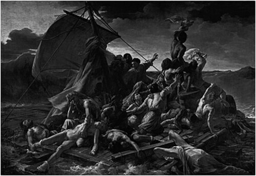 Figure 1. Géricault’s The Raft of the Medusa in black and white, as part of Villaronga’s filmic collage. Still from El ventre del mar (© Agustí Villaronga Citation2021).