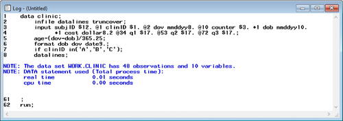 Fig. 5 Error-free lecture SAS log. This is the SAS log, which generates messages about the execution of the program. This log indicates the program in Figure 4 executed successfully and created a new SAS dataset containing 48 observations and 10 variables.