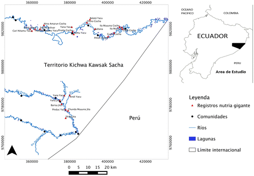 Figura 2. Sitios de avistamiento de nutrias gigantes reportados por los pescadores kichwa.
