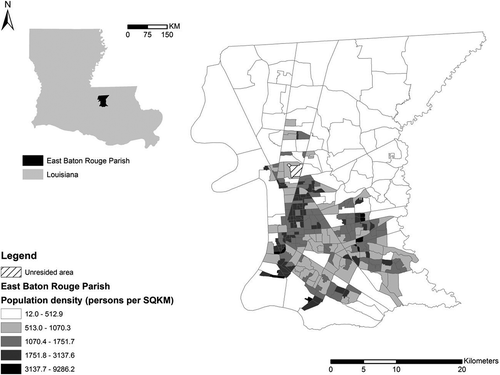 Figure 1. Population density in block groups of East Baton Rouge Parish.