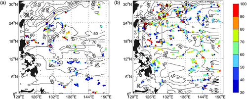 Fig. 9 Depth of the mixed layer in winter derived from Argo (dots) and ECCO (black lines) by the shallowest extreme curvature method (Lorbacher et al., Citation2006) for (a) 2003 and (b) 2007.