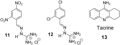 Figure 3. Structure of the two selected more electronegative guanylhydrazones, 11 and 12, and tacrine (13).