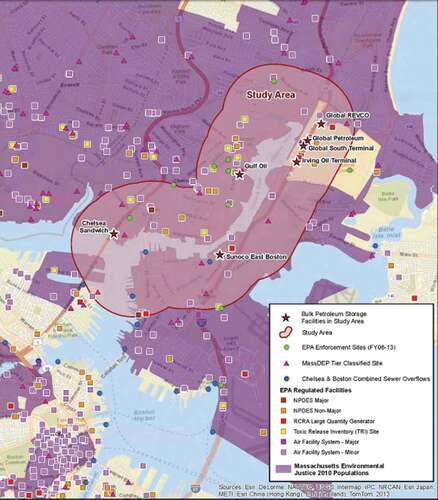 Figure 2. Local environmental justice communities and environmentally regulated sites in and around Chelsea, MA, including seven oil storage facilities (EPA, Citation2014).