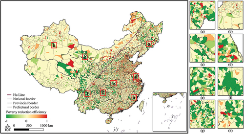 Figure 5. Distribution map of the PREs of counties and districts. (a) southeastern Jilin Province, (b) central Xinjiang Uygur Autonomous Region, (c) northwestern Gansu Province, (d) northern Jiangsu Province, (e) western Hubei Province, (f) southern Sichuan Province, (g) northern Guizhou Province, and (h) northwestern Fujian Province.