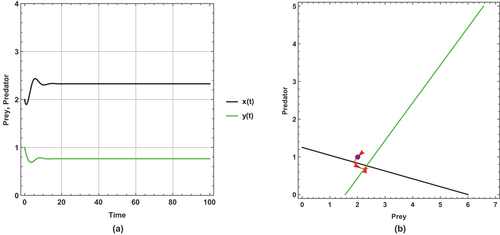 Figure 1. Prey predator dynamics of the system (1) when (m=0): (a) time series (b) nullclines and phase portrait trajectories. Other parametric and initial values are: r=1, k=6, α=0.8, u=0.5, e=0.4, x(0)=2, y(0)=1.