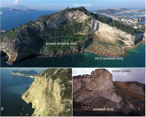 Figure 6. Rocky tufaceous cliffs with rockfalls along the Naples coast. A) Capo Miseno southern cliff; B) Trenataremi cliff; C) Coroglio cliff.