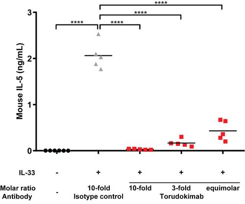 Figure 4 Torudokimab inhibits IL-33-induced production of mouse IL-5 in vivo in a dose dependent manner (individual mouse scatter plot plus mean). C57BL/6 mice (n=5) were injected intraperitoneally with 0.94 mg/kg, 0.282 mg/kg or 0.094 mg/kg (10-fold, 3-fold or equimolar amounts relative to human IL-33 respectively) of torudokimab or with an isotype control antibody at 0.94 mg/kg (10-fold relative to human IL-33). One day post-injection, mice were challenged by intraperitoneal injection of 0.025 mg/kg of human IL-33. Six hours post-human IL-33 challenge, mice were sacrificed, and serum was collected. The negative isotype control antibody did not inhibit the human IL-33-induced production of mouse IL-5. Results are representative of two independent experiments. One-way ANOVA with Dunnett's multiple comparisons test was performed; ****p < 0.0001.