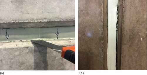 Fig. 7. Object 2 prior to test 3. a) On-going cutting of horizontal joint, 10 cm long and 0-1 mm slit width. b) cut vertical joint, 20 cm long with approximately 3 mm slit width.