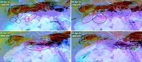 Figure 2. Images from the SEVIRI Dust RGB product on the Meteostat-8 satellite, covering two days prior to the measurement flights with the MASC-3 in Cyprus, on 6 April 2022. The images are color coded, specifically: magenta indicates dust clouds, black indicates cirrus clouds, dark red indicates ice clouds (more details on the image description can be found at EUMETSAT’s website: https://www.eumetsat.int/). The black circled areas in each image depict the first appearance and uplift of dust (upper left) on 4 April, its transport with clouds to the east through the Mediterranean (upper right and bottom left), and its arrival in Cyprus on the evening of 5 April (bottom right).