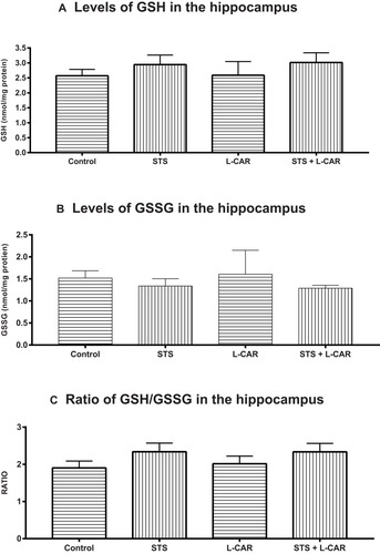 Figure 3 Hippocampal GSH and GSSG levels: No change was observed in the levels of (A) GSH,and (B) GSSG, and (C) ratio of GSH/GSSG among all experimental groups. Mean values ± SEM of 15 rats per group are presented.