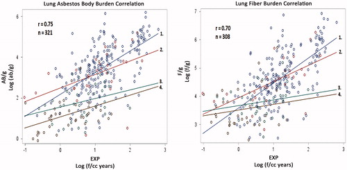 Figure 6. Comparison of asbestos body and asbestos fiber burden ANCOVA correlations.