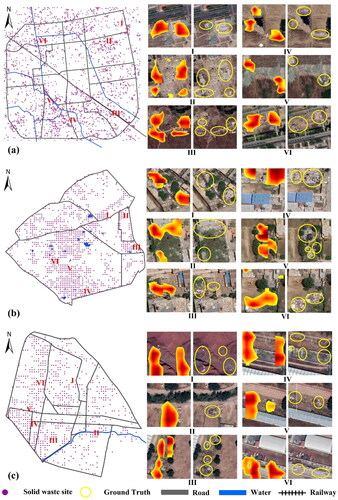 Figure 8. Mapping result of solid waste sites for (a) Langfang; (b) Faridabad; (c) Tezoyuca.