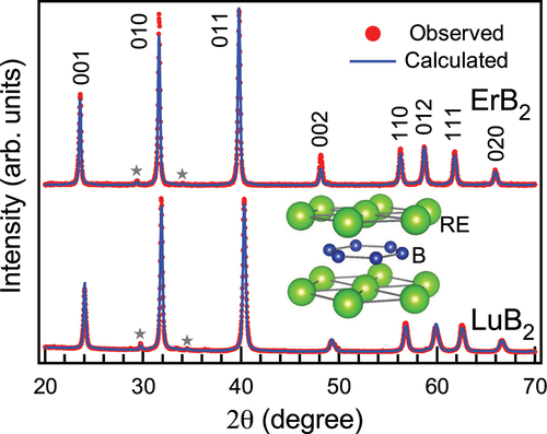 Figure 1. XRD pattern of ErB2 (top) and LuB2 (bottom) samples. Asterisks in the figure denote Er2O3 or Lu2O3 impurity. Dots correspond to the experimental data, while lines correspond to the calculated pattern by Rietveld analysis. Inset: Crystal structure of REB2, drawn by VESTA software [Citation16].