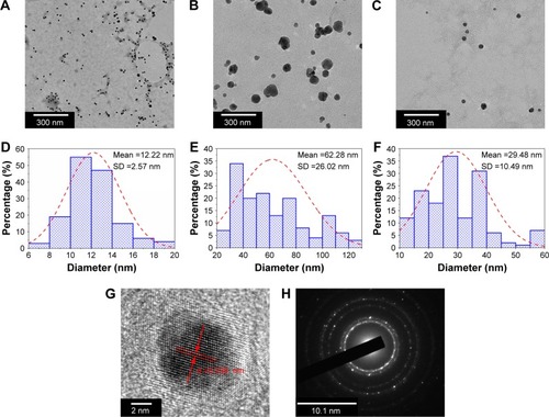 Figure 4 Morphology and dispersion of AgNPs in CMC-Ag1, CMC-Ag2 and CMC-Ag3.Notes: (A–C) TEM images of CMC-Ag1, CMC-Ag2, and CMC-Ag3; (D–F) size-distribution histograms of AgNPs in CMC-Ag1, CMC-Ag2, and CMC-Ag3, respectively; (G, H) IFFT image and SAED pattern of CMC-Ag1.Abbreviations: TEM, transmission electron microscopy; CMC-Ag, carboxymethyl chitosan–nanosilver; SD, standard deviation; IFFT, inverse fast Fourier transform; SAED, selected area electron diffraction.