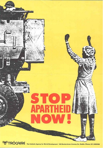 Figure 2 Poster issued by Trocaire calling for Irish support for the anti-apartheid movement, 1987.