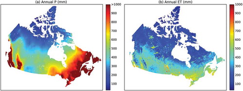 Figure 7. The spatial variations of (a) annual precipitation (P, mm) and (b) annual evapotranspiration (ET, mm) demonstrated by their long-term means over Canada’s landmass, 1979–2016