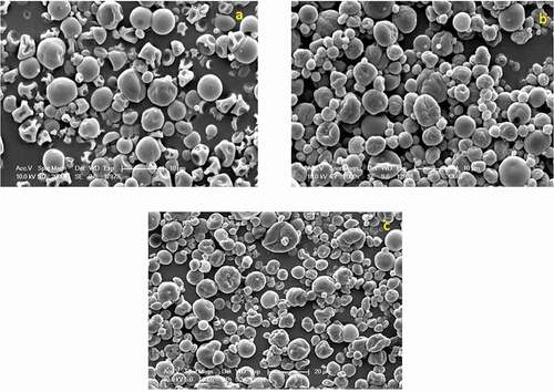 Figure 1. SEM image of microencapsulated fish oil (a) MGO, (b) CGM, and (c) CGME.