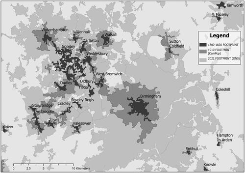 Figure 1. Two centuries of urban growth: the Birmingham urban area, 1830–2022.