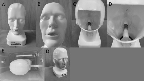 Figure 2. Mannequin head. Nasal and mouth openings of the mannequin connect to a tube/outlet that exits the head on the backside (A–D). This outlet connects to a filter outside the measuring box (E). A soft wound dressing simulates the elastic properties of facial skin (D).