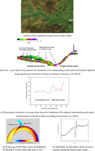 Figure 12. Comparisons of the shear stress distributions before and after the intersection positions of channels, between the simulations of Entwistle et al. (Citation2018) and our simulations. (a) River Wear catchment image (from Google Earth); (b) close-up of shear stress patterns for simulation of an anabranching reach and its downstream adjacent single-thread reach on the River Wear, according to Entwistle et al. (Citation2018); (c) downstream variations in average shear stress for simulation of the adjacent anabranching and single-thread reaches on the River Wear, according to Entwistle et al. (Citation2018); (d) close-up of bed shear stress distributions for Run B-2 in this study (the unit is 10−3); (e) variations in total shear stress of cross-sections along the bend in this study.