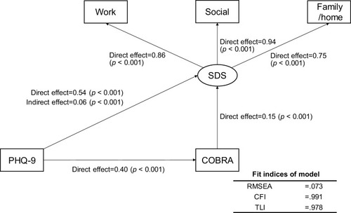 Figure 1 Results of covariance structure analysis in the structural equation model with depressive symptoms (PHQ-9), subjective cognitive function (COBRA), and quality of life (SDS) in 585 adult volunteer subjects from the community.