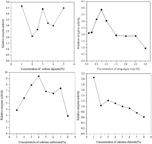 Figure 1. Effect of independent variables on the relative enzyme activity of immobilized cells.