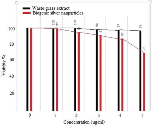 Figure 6. The effect of different concentrations of AgNPs and grass extract on MCF-7 cell survival using MTT test.