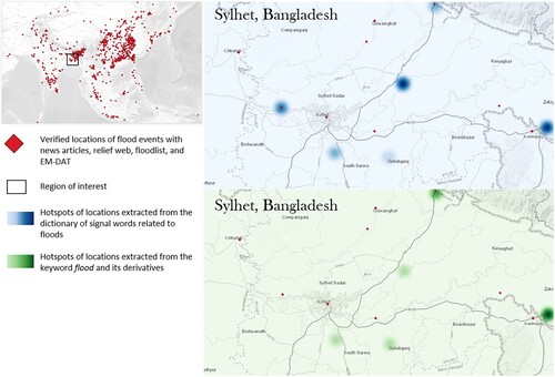 Figure 5. Comparative analysis of the data harvested from the Twitter live stream and groundtruth data, for flood events in the Sylhet region of Bangladesh during 18–24 May, 2022.