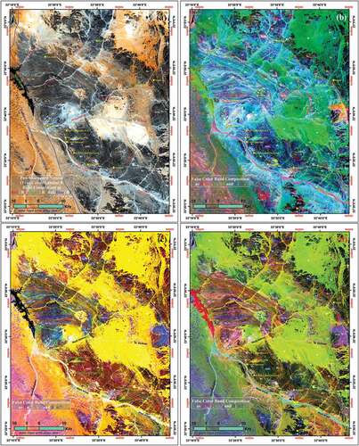 Figure 12. Landsat 8 band composition images over the west AHS. (a) Pan-sharpened natural (true) colour of OLI band composition as Red: B4, Green: B3 and Blue: B2. (b): (g) False colour composite (FCC) images using OLI and TIRS bands, band ratios and PCA images. (Bands included in the FCC composition, in the RGB channels, are labelled over each image).