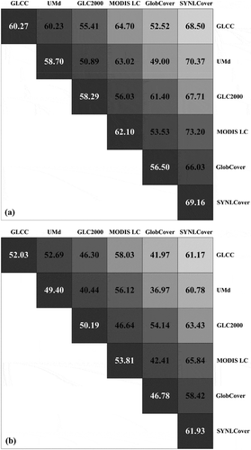 Figure 5. Overall consistencies between SYNLCover, GLCC, UMd, GLC2000, MODIS LC and GlobCover based on (a) life forms and (b) target classification schemes. Map-specific consistency of each map is given along the diagonal.