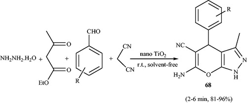 Scheme 97. The use of nano titanium dioxide for preparation of 6-amino-4-aryl-3-methyl-1,4-dihydropyrano[2,3-c]pyrazole-5-carbonitriles.