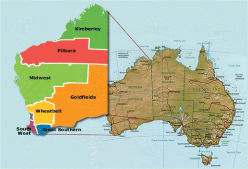Figure 1. Map of WA showing the Wheatbelt and Kimberley regions. The Perth metropolitan area (WA's capital) is the unlabelled region on the coast between the Wheatbelt and the South West.