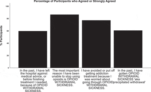 Figure 1. Bar graph representing the percent of participants who endorsed agreement, or strong agreement with each displayed statement.