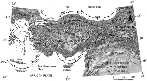 Figure 1. Simplified neotectonic and relief maps of Turkey and the surrounding area (compiled with Yiğitbas, Elmas, Sefunç, and Özer, Citation2004) and CGIAR-CSI GeoPortal, Citation2012). Abbreviations: SBT, Southern Black Sea Thrust; NAFZ, North Anatolian Fault Zone; NEAFZ, Northeast Anatolian Fault Zone; WAEP, West Anatolia Extensional Province; EAFZ, East Anatolian Fault Zone; DSFZ, Dead Sea Fault Zone.