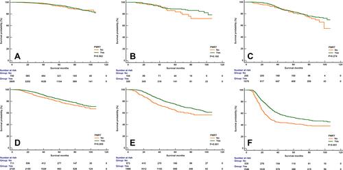 Figure 5 The effect of postmastectomy radiotherapy on breast cancer-specific survival according to the 8th pathological prognostic staging ((A) stage IB disease; (B) stage IIA disease; (C) stage IIB disease; (D) stage IIIA disease; (E) stage IIIB disease; (F) stage IIIC disease).